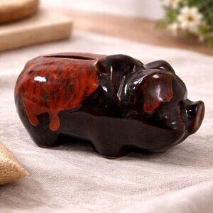 Vintage Ceramic Piggy Bank Red Black Glaze Signed Folk Art Pottery Pig Coin Bank